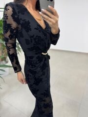 Ry 35541 Bel Tokalı Siyah Flok Elbise