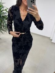 Ry 35541 Bel Tokalı Siyah Flok Elbise