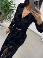 Ry 35541 Bel Tokalı Siyah Flok Elbise