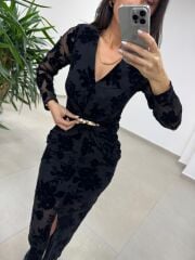 Ry 35541 Bel Tokalı Siyah Flok Elbise