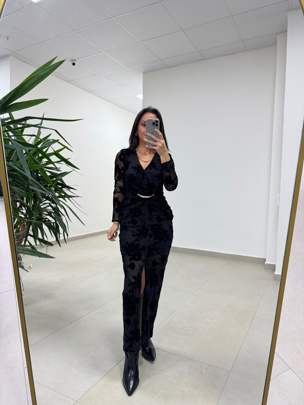 Ry 35541 Bel Tokalı Siyah Flok Elbise