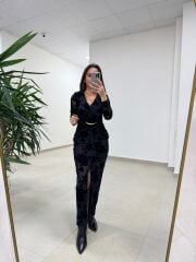 Ry 35541 Bel Tokalı Siyah Flok Elbise