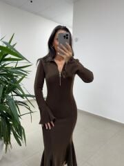 Np 51623 A. Kahve Eteği Volanlı Selanik Elbise