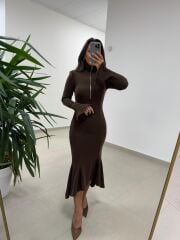 Np 51623 A. Kahve Eteği Volanlı Selanik Elbise