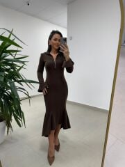 Np 51623 A. Kahve Eteği Volanlı Selanik Elbise