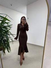 Np 51623 A. Kahve Eteği Volanlı Selanik Elbise