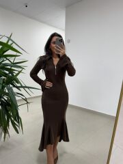 Np 51623 A. Kahve Eteği Volanlı Selanik Elbise