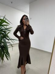 Np 51623 A. Kahve Eteği Volanlı Selanik Elbise