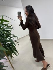 Np 51623 A. Kahve Eteği Volanlı Selanik Elbise