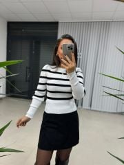 Orj.Marka Beyaz Siyah Çizgili Triko