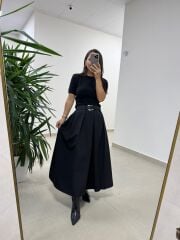 Ms Kendinden Kemerli Siyah Kloş Etek