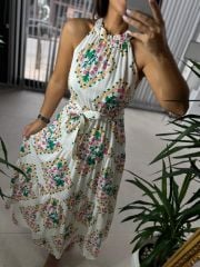 My 3552 Halter Yaka Pembe Yeşil Çiçekli Krinkıl Elbise