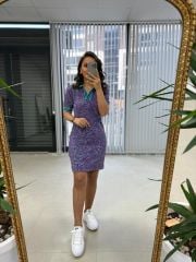 Sg Jacquard Polo Neck Purple Pencil Dress