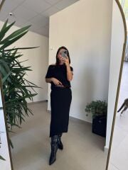 Dv 90256 Siyah Kemerli Triko Elbise