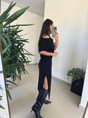 Dv 90256 Siyah Kemerli Triko Elbise