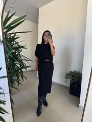 Dv 90256 Siyah Kemerli Triko Elbise