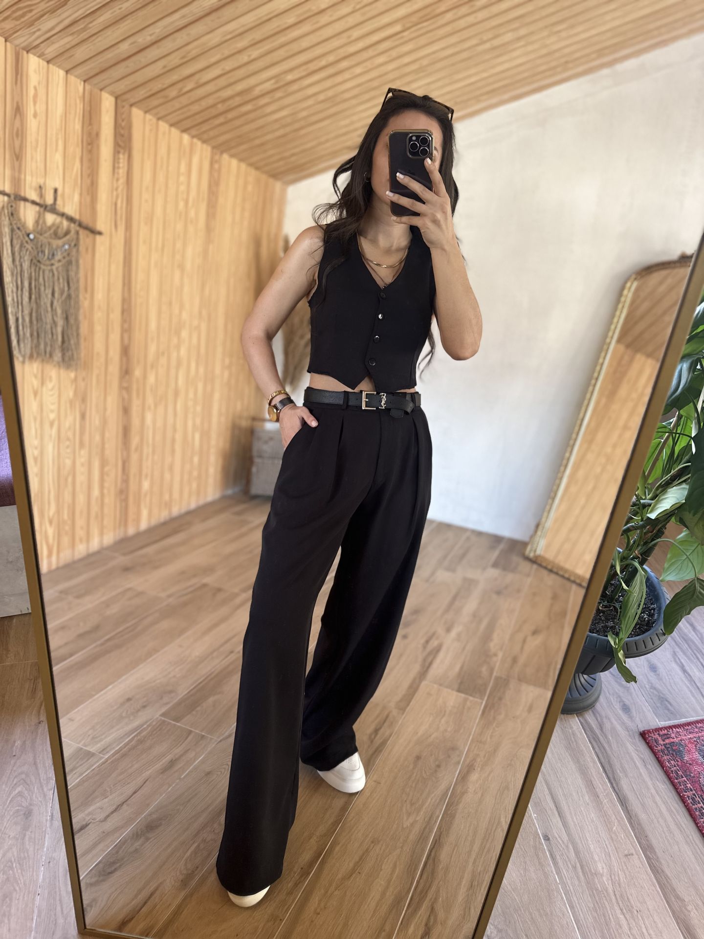 Siyah yelekli Palazzo takım