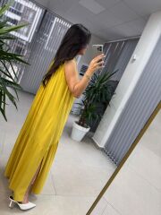 Cr 1634 Hardal Sarı Gömlek Yaka Viskon Elbise