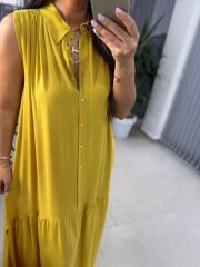 Cr 1634 Hardal Sarı Gömlek Yaka Viskon Elbise