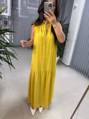 Cr 1634 Hardal Sarı Gömlek Yaka Viskon Elbise