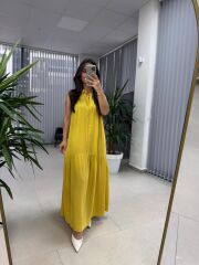 Cr 1634 Hardal Sarı Gömlek Yaka Viskon Elbise