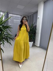 Cr 1634 Hardal Sarı Gömlek Yaka Viskon Elbise