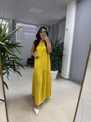 Cr 1634 Hardal Sarı Gömlek Yaka Viskon Elbise