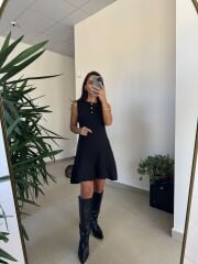 Dv 90244 Siyah Gold Düğmeli Triko Elbise