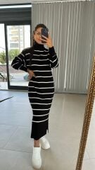 Siyah Beyaz Çizgili Balıkçı Triko Elbise