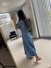 Fw 0441 Mavi Kuşaklı  Kot Elbise