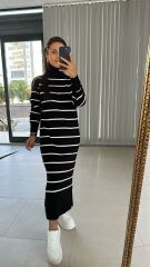 Siyah Beyaz Çizgili Balıkçı Triko Elbise