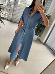 Fw 0441 Mavi Kuşaklı  Kot Elbise