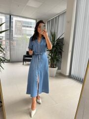 Fw 0441 Mavi Kuşaklı  Kot Elbise