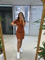 Sg Jacquard Polo Neck Brown Pencil Dress