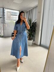 Fw 0441 Mavi Kuşaklı  Kot Elbise