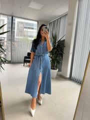 Fw 0441 Mavi Kuşaklı  Kot Elbise