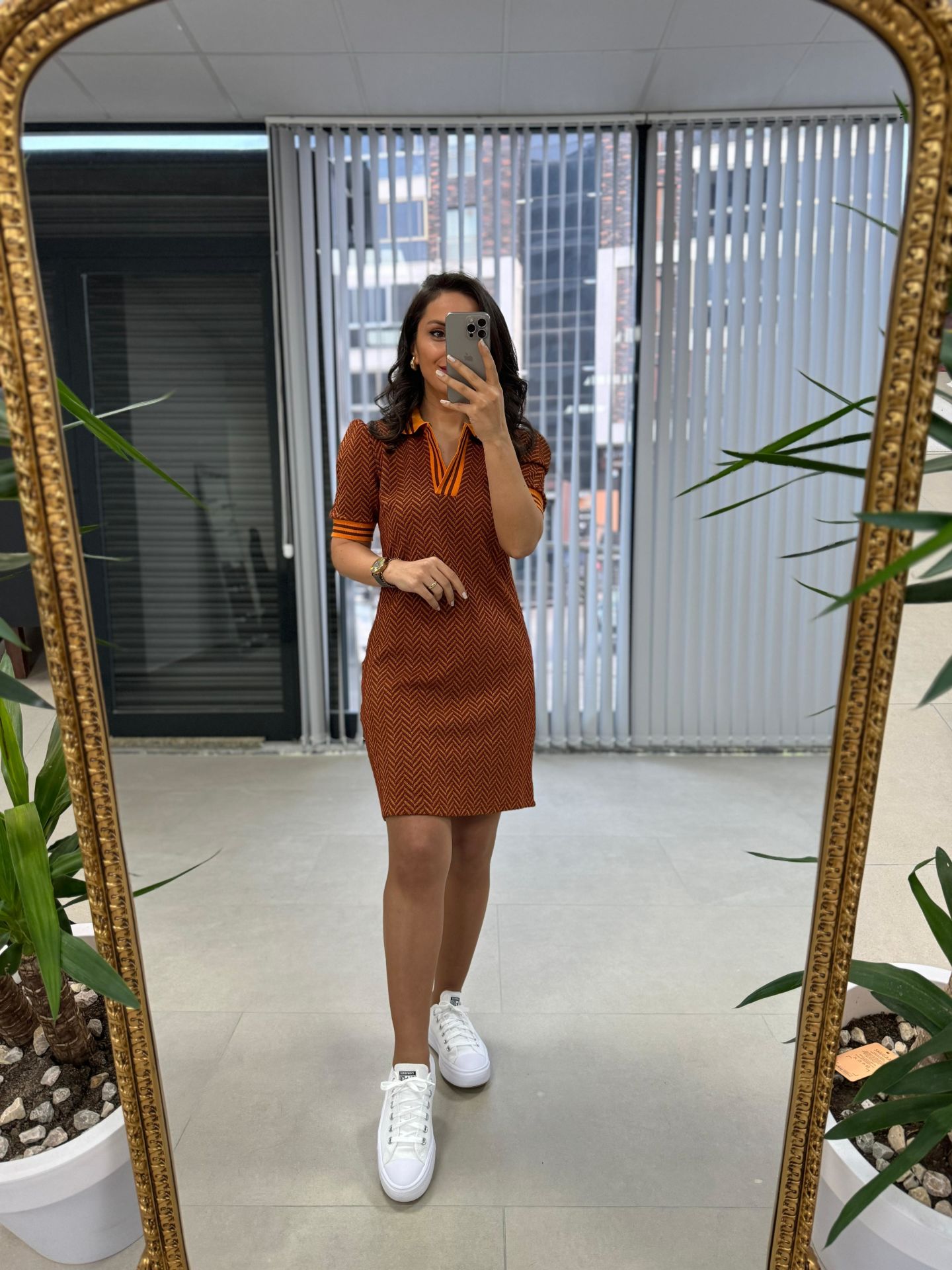 Sg Jacquard Polo Neck Brown Pencil Dress