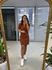 Sg Jacquard Polo Neck Brown Pencil Dress