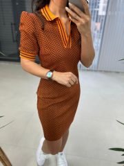 Sg Jacquard Polo Neck Brown Pencil Dress