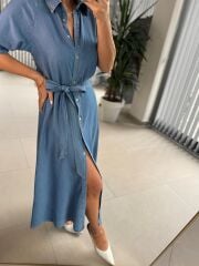 Fw 0441 Mavi Kuşaklı  Kot Elbise