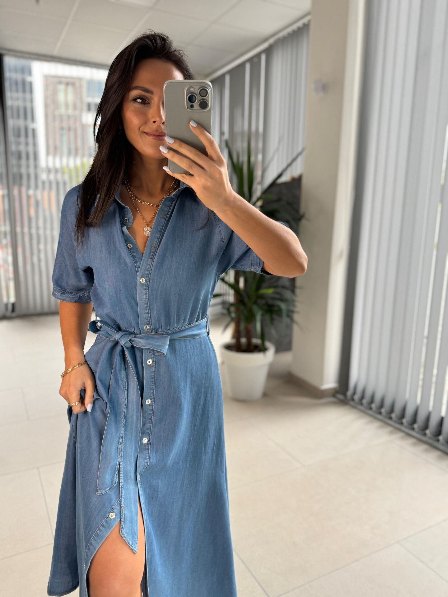 Fw 0441 Mavi Kuşaklı  Kot Elbise