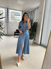 Fw 0441 Mavi Kuşaklı  Kot Elbise