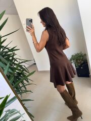 Dv 90244 A. Kahve Gold Düğmeli Triko Elbise