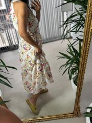 My 3552 Halter Yaka Turuncu Pembe Çiçekli Krinkıl Elbise