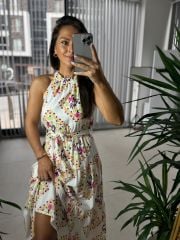 My 3552 Halter Yaka Turuncu Pembe Çiçekli Krinkıl Elbise
