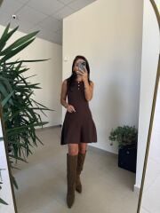 Dv 90244 A. Kahve Gold Düğmeli Triko Elbise