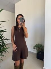 Dv 90244 A. Kahve Gold Düğmeli Triko Elbise