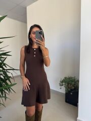 Dv 90244 A. Kahve Gold Düğmeli Triko Elbise