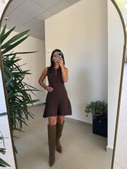 Dv 90244 A. Kahve Gold Düğmeli Triko Elbise