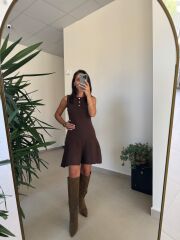 Dv 90244 A. Kahve Gold Düğmeli Triko Elbise